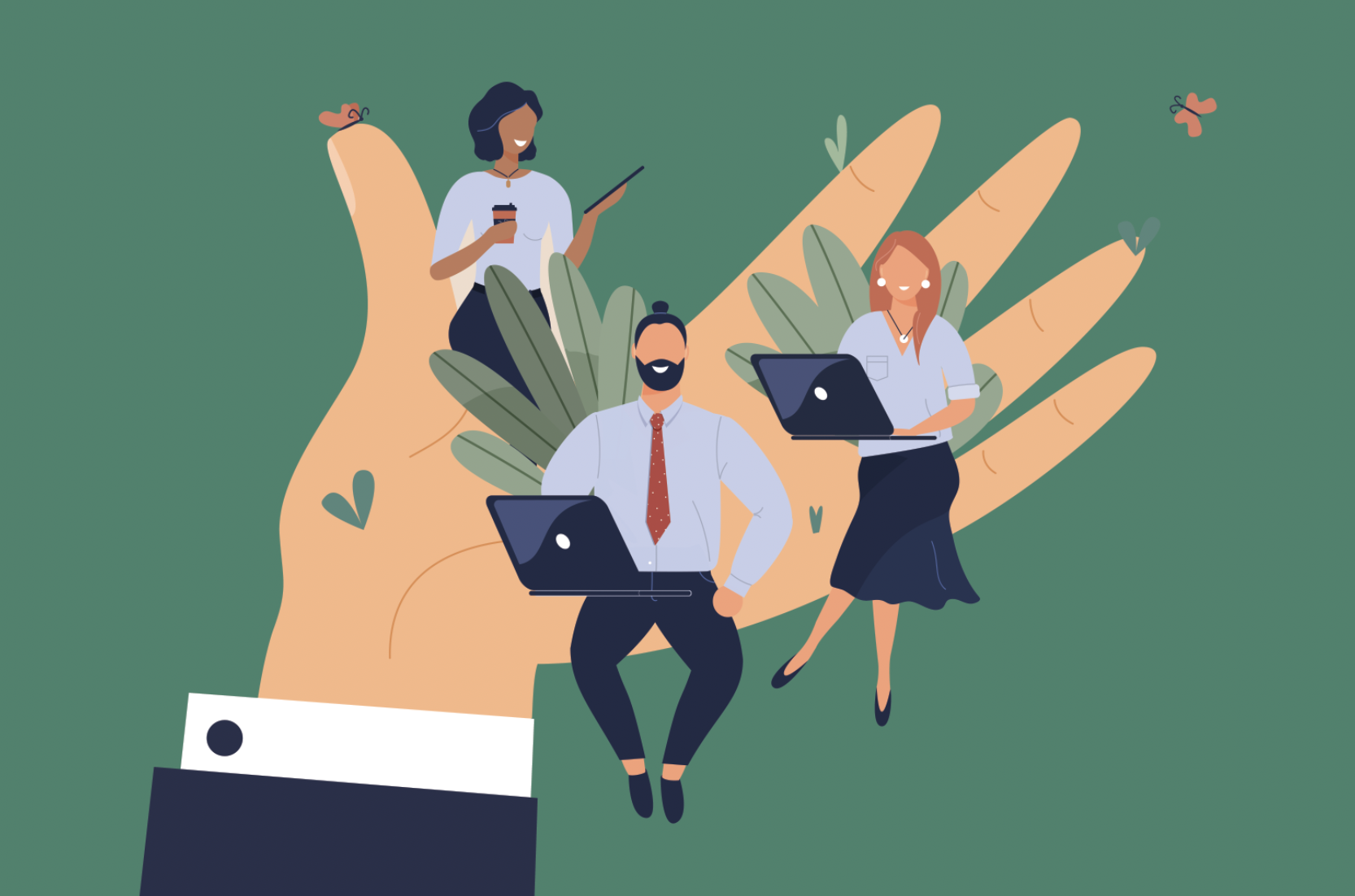 Tiny office workers sitting on huge hand. Concept of good comfortable environment at work, favorable psychological climate,high pay and freedom of creativity for employees. Vector flat illustration